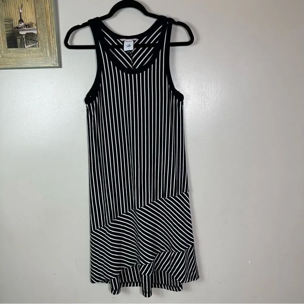 CAbi Black and White Striped Midi Dress